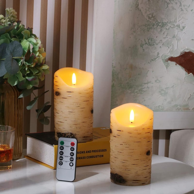 qinxiang Flameless Candles LED Candles Birch Bark Effect Set of 2 (D:3.25" X H:6") Ivory Real Wax Pillar Battery Operated Candles with Dancing LED Flame 10-Key Remote Control and Cycling 24 Hours Timer… - Image 3